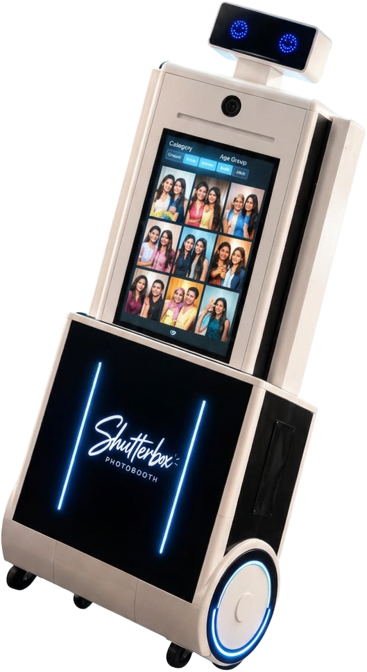 Shutterbox robot photobooth with touchscreen and blue illuminated lights